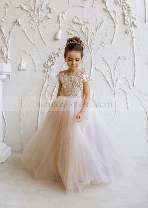 Cap Sleeves Lace Tulle Flower Girl Dress With Train Cap Sleeves Lace Tulle Flower Girl Dress With Train